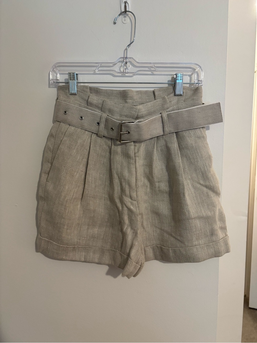 Reiss Taupe High-Waist Pleated Belted Shorts